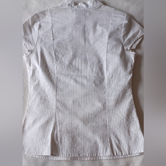 Twik white/black pinstripe ruffle-front cap-sleeve dress shirt (NWOT) - Picture 2 of 4